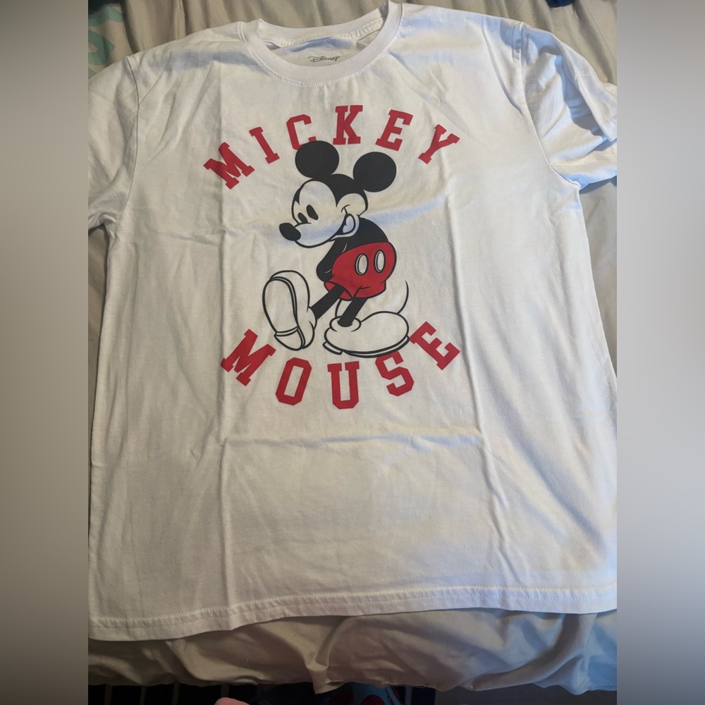 Disney White Tee with Classic Mickey Graphic and Red Lettering